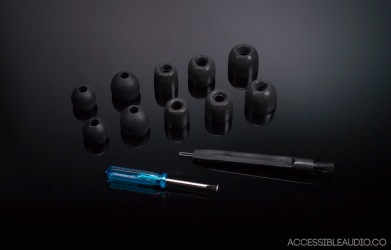 A large variety of tips with the bass response adjuster and tip cleaner.